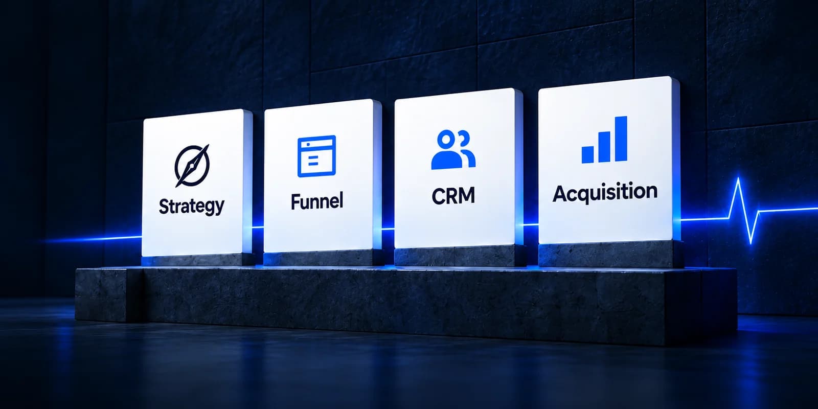 Four sculptural panels representing Strategy, Funnel, CRM and Acquisition, connected by a blue pulse.
